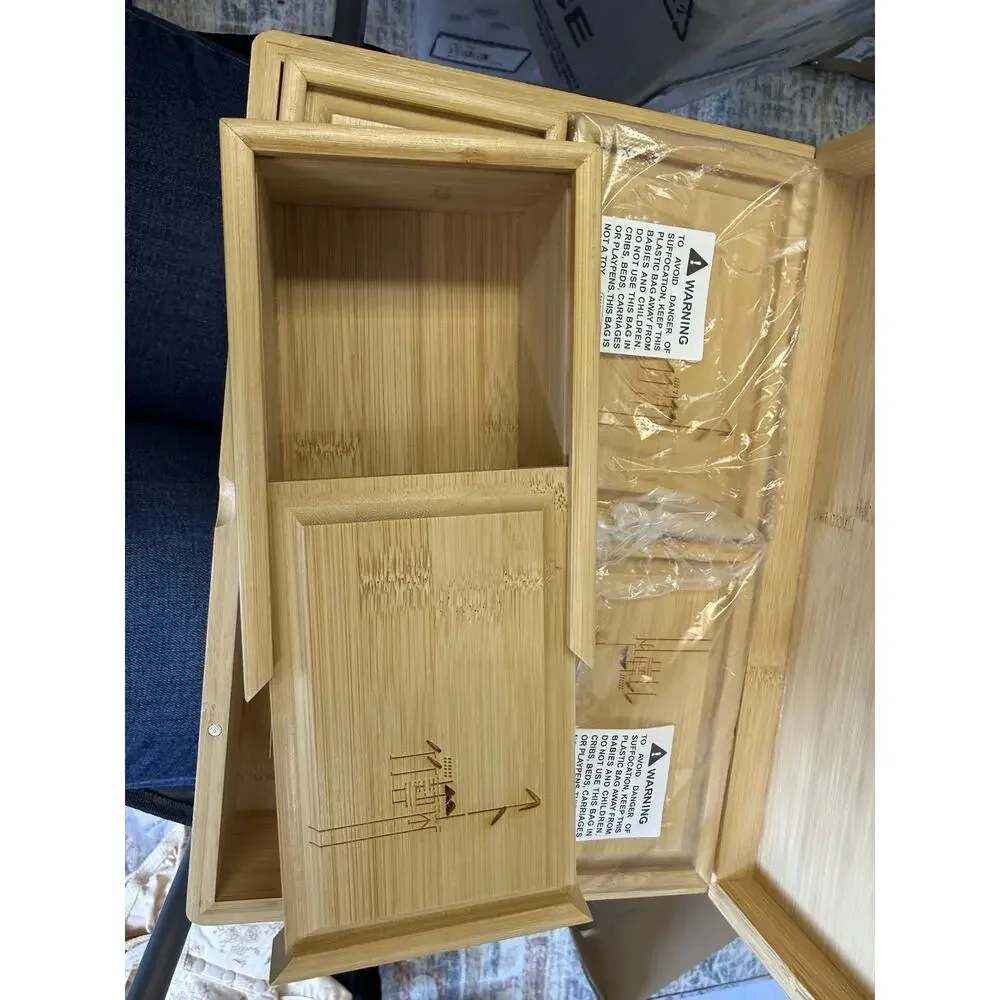 Bamboo Wood Desk Drawer Organizer Set w/ Sliding Compartments, Natural